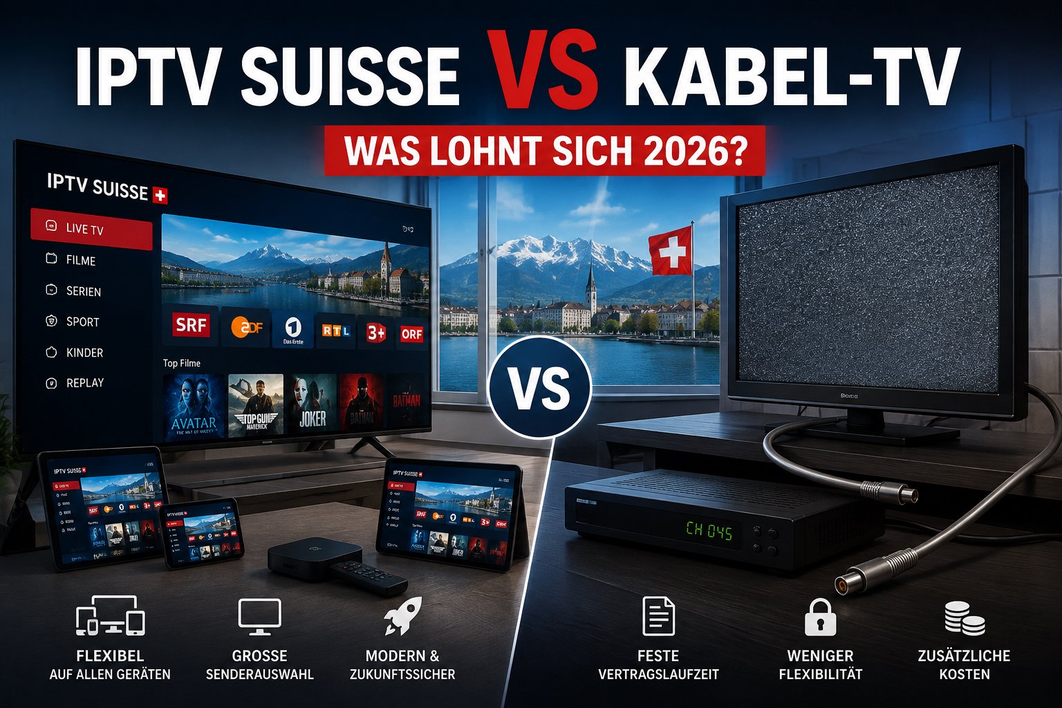 IPTV Suisse vs Kabel-TV Vergleich 2026 für Schweizer Nutzer